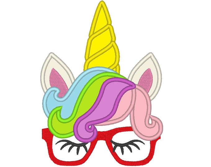 Pretty Unicorn with rainbow hairstyle and glasses applique machine embroidery designs rainbow unicorn face magic horse kids girl princess