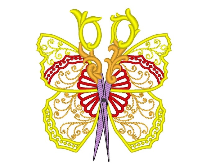 Hairstylist Scissors seamstress hairdresser cutting tool Butterfly swirl curl girls machine embroidery designs sizes for hoop 4x4, 5x7, 6x10