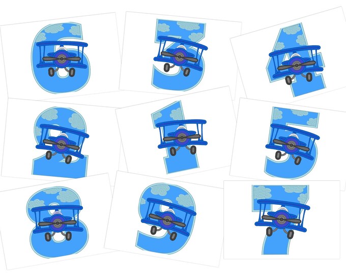 Airplane Birthday Numbers set 1-9 kids boys baby birthday party outfit Applique machine embroidery designs sizes for hoop 4x4  5x7  6x10