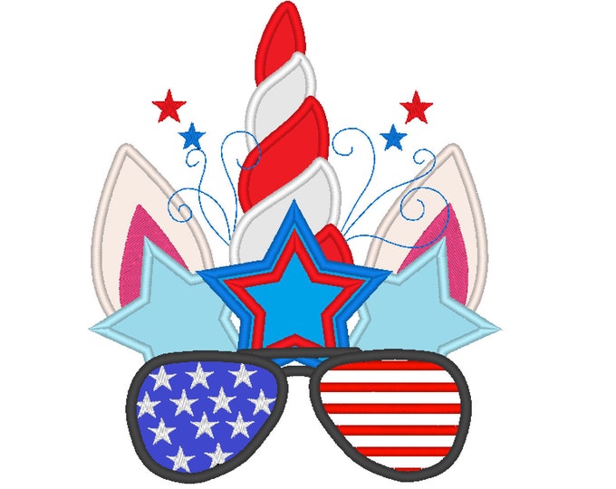 Patriotic sunglasses Unicorn head with star crown Independence day applique machine embroidery design INSTANT DOWNLOAD