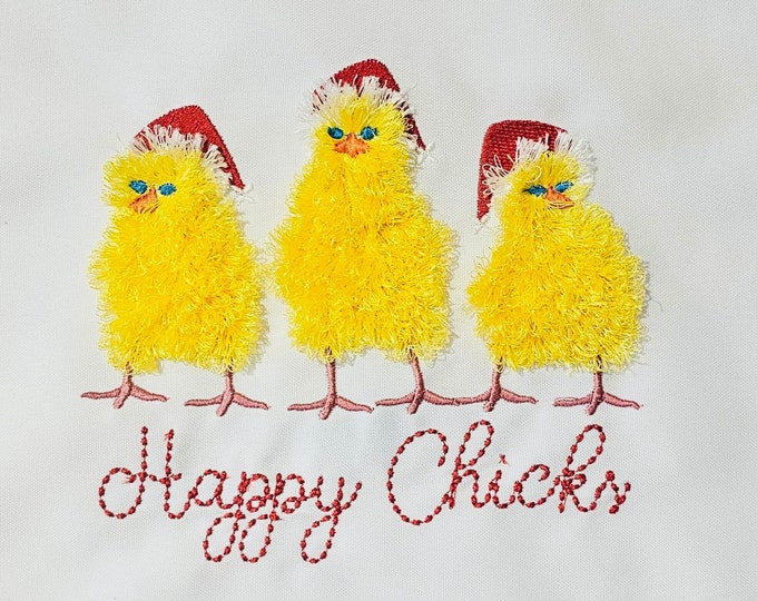 Happy Fluffy Christmas Chick Trio 3 Chicks in a row machine embroidery designs Fringe fringed fluffy chenille farm bird chicken baby kids