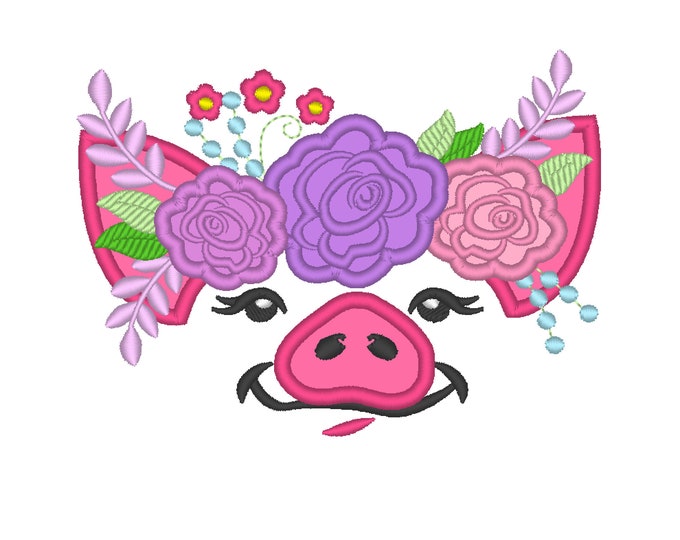Pretty eyes Pig face with shabby chick rose crown Applique machine embroidery designs Piggie Piggy Piglet farm girl floral flower design
