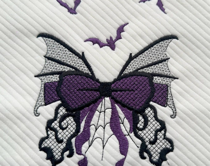 Halloween Bow with flying Bats spider web cobweb spooky Butterfly wings lace effect machine embroidery designs multiple sizes 4, 5, 6, 7 in