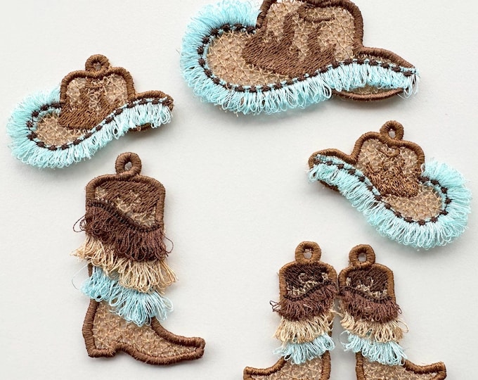 Cowboy cowgirl fringed fluffy Boots and Hat Earrings and charm pendant FSL freestanding lace machine embroidery designs ITH in the hoop