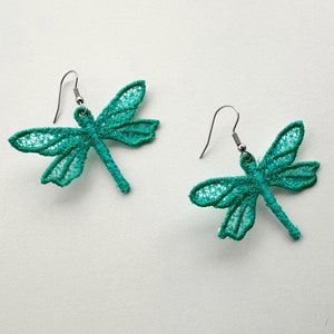Adorable Dragonfly charm earrings FSL freestanding lace machine embroidery designs kids girls pretty earrings size 1.4in simply in the hoop