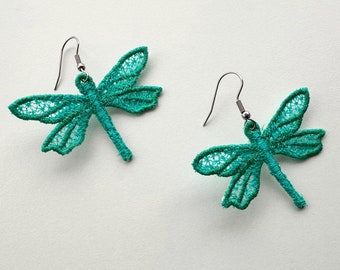 Adorable Dragonfly charm earrings FSL freestanding lace machine embroidery designs kids girls pretty earrings size 1.4in simply in the hoop