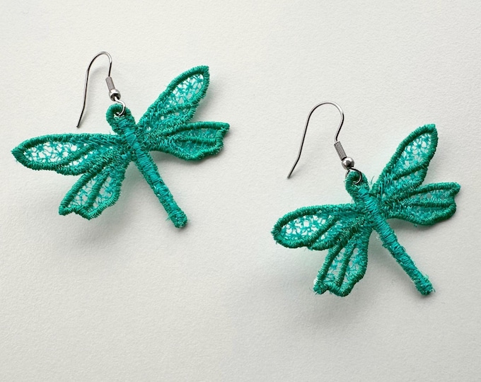 Adorable Dragonfly charm earrings FSL freestanding lace machine embroidery designs kids girls pretty earrings size 1.4in simply in the hoop
