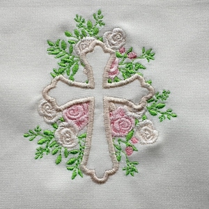 花の十字架アップリケ バラの花束 ガーデンフラワー 機械刺繍デザイン クリスチャンクロス サイズ各種 4～6インチ フープ用 4x4 5x7