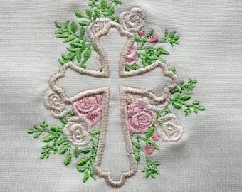 Floral Cross Applique Rose bouquet garden flower machine embroidery designs Christian Cross assorted sizes 4 up to 6 inches for hoop 4x4 5x7