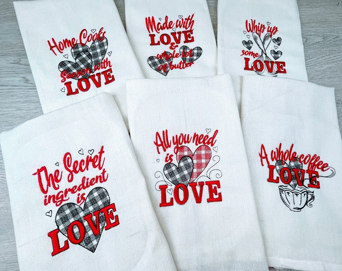 Gingham buffalo plaid tartan Kitchen towel embroidery designs with heart love SET of 6 designs, dish towel quotes machine embroidery designs