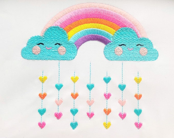 Cute Rainbow with pretty clouds and rainy falling hearts machine embroidery designs assorted sizes for children kids INSTANT DOWNLOAD