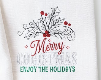 Merry Christmas - Light stitch old fashioned classic Happy Holidays Kitchen dish towel quote saying machine embroidery designs for hoop 5x7