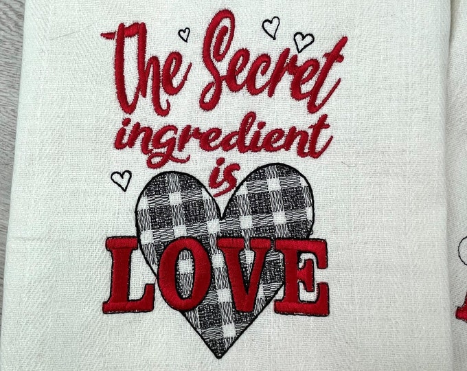 The secret ingredient is love kitchen towel machine embroidery designs gingham buffalo plaid tartan embroidery valentine love saying quote