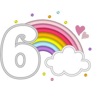 May include: A white number six with a rainbow arch above it. The rainbow has pink, red, orange, yellow, light blue, and purple stripes. There are white clouds and pink hearts on either side of the rainbow.