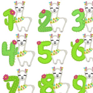 Llama alpaca Birthday cactus number set 1-9 Applique Designs pretty lama machine embroidery designs 5x7 6x10 birthday numbers children baby