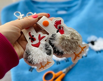 Fringed Chicken key fob snap tab SET of 2 Chicken keychain in the hoop machine embroidery designs ITH project Farm bird fluffy fuzzy chicken