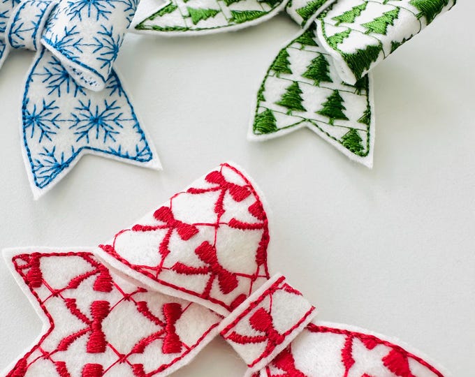 Awesome Bow SET of 3 types Christmas ornament decoration 3D dimensional machine embroidery designs felt feltie Bow in the hoop ITH project