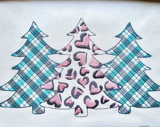 Gingham Tartan Plaid and extraordinary Leopard print Tree Trio, machine embroidery designs, 3 three Christmas trees in a row woodland spruce