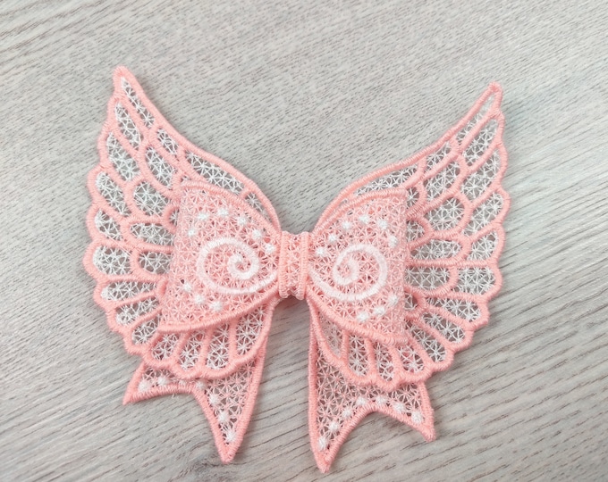 Angel wings lace bow Little Princess FSL Free standing lace Bow machine embroidery designs for hoop 4x4, 5x7 girl hairclip fairy wings