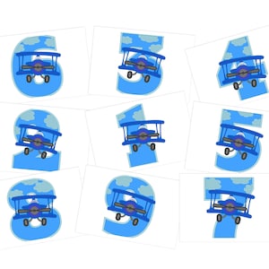 以下が含まれることがあります： 1から10までの数字が書かれた、青と白のカードが10枚。それぞれの数字の上に、白いプロペラが付いた青い飛行機が描かれている。