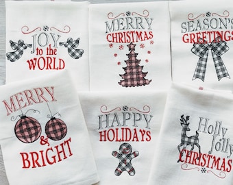 Merry Christmas gingham old fashioned classic Happy Holidays, Joy Kitchen dish towel quotes 6pcs machine embroidery designs 4x4, 5x7