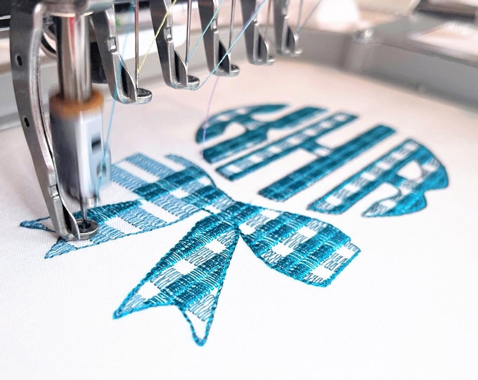 Plaid gingham checked Christmas bow and three-letters Tartan Buffalo Circle Monogram machine embroidery designs assorted sizes, BX incl