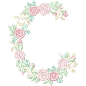May include: Embroidered floral letter C with pink roses and green leaves.