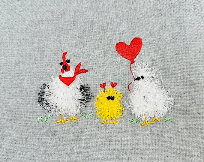 Fuzzy Chicken family Fringed Fluffy Chick Chicken baby kids machine embroidery designs chenille farm bird with Heart fur design kids shirt