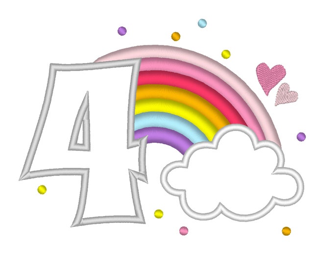 Cute Rainbow Birthday Number 4 FOUR machine embroidery applique designs size 4, 5 and 6.5 inches, rainbow in clouds kids party number 4