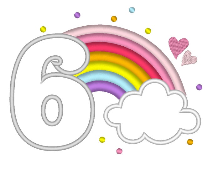 Cute Rainbow Birthday Number 6 SIX machine embroidery applique designs size 4, 5 and 6.5 inches, rainbow in clouds kids party number 6