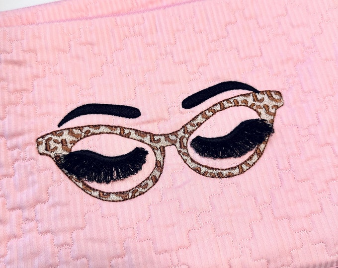 Fluffy Eyes Fringed Flare Lashes Doll Eyes and Glasses fringe Eyelashes Machine Embroidery Designs in the hoop 4x4 5x7 trendy Cosmetic bag