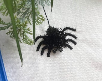 Mini fringed Spider pompom machine embroidery designs in mini tiny sizes 0.7, 1, 1.3 inches spider on web and wo fringe fur chenille fluffy