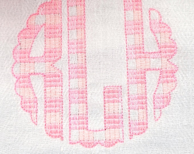 Scalloped Plaid gingham checkered Tartan Circle Monogram font machine embroidery design, classic three letters circled round monogram and BX