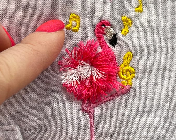 Music notes Mini Fringed fluffy chenille Flamingo bird small machine embroidery designs in sizes 2.5, 3, 3.5 and 4 inches awesome fringe
