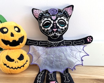 Sugar Skull calavera pretty Kitty cat in the hoop ITH machine embroidery designs Halloween toy children kids doll clothing spiderweb skirt