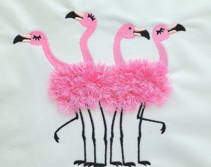 Updated! Fringed fluffy chenille Flamingo flock of 4 flamingos machine embroidery designs for hoop 5x7, 6x10 awesome fringe fur flamingos