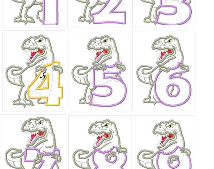 T-rex indominus dinosaur Birthday numbers machine embroidery designs Dino Birthday outfit designs assorted sizes hoops 5x7, 6x10, 8x8, +BX!