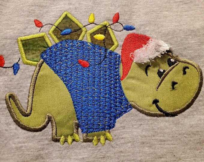 Little Christmas Dinosaur Applique machine embroidery design cute Dino knit sweater sweatshirt and Santa hat fringed fluffy 4, 5, 6 inches
