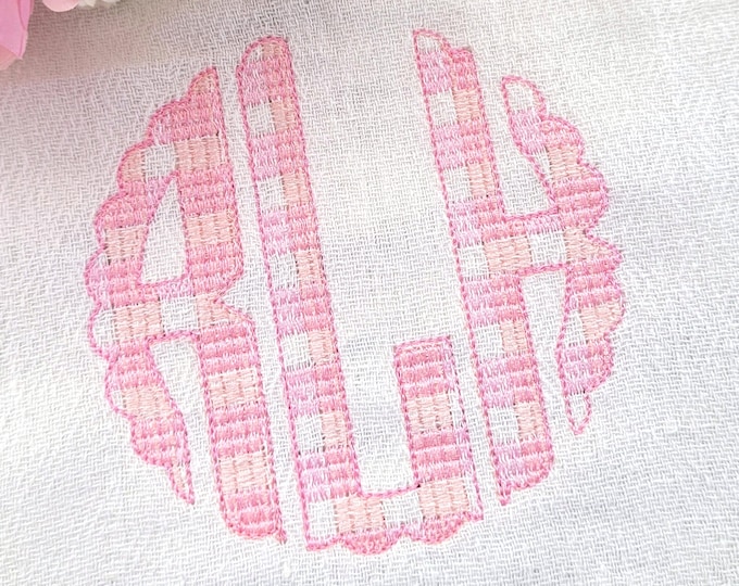 Scalloped Plaid gingham checkered Tartan Circle Monogram font machine embroidery designs classic three letters circled round monogram and BX