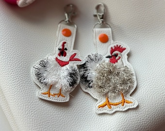 Fringed Chicken key fob snap tab SET of 2 Chicken keychain in the hoop machine embroidery designs ITH project Farm bird fluffy fuzzy chicken