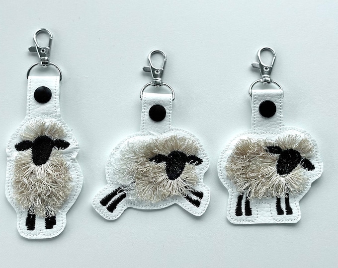 Fringed Sheep key fob snap tab SET of 3 cute Lamb keychain in the hoop machine embroidery designs ITH project Farm animal fluffy fuzzy Sheep