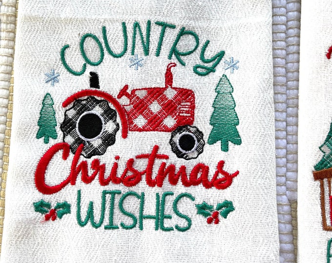 Country Christmas wishes - Most wonderful time of the year Merry Christmas gingham Kitchen dish towel quote saying machine embroidery design