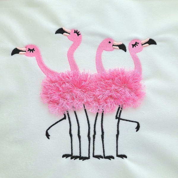 Updated! Fringed fluffy chenille Flamingo flock of 4 flamingos machine embroidery designs for hoop 5x7, 6x10 awesome fringe fur flamingos