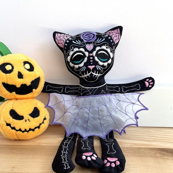 Sugar Skull calavera pretty Kitty cat in the hoop ITH machine embroidery designs Halloween toy children kids doll clothing spiderweb skirt