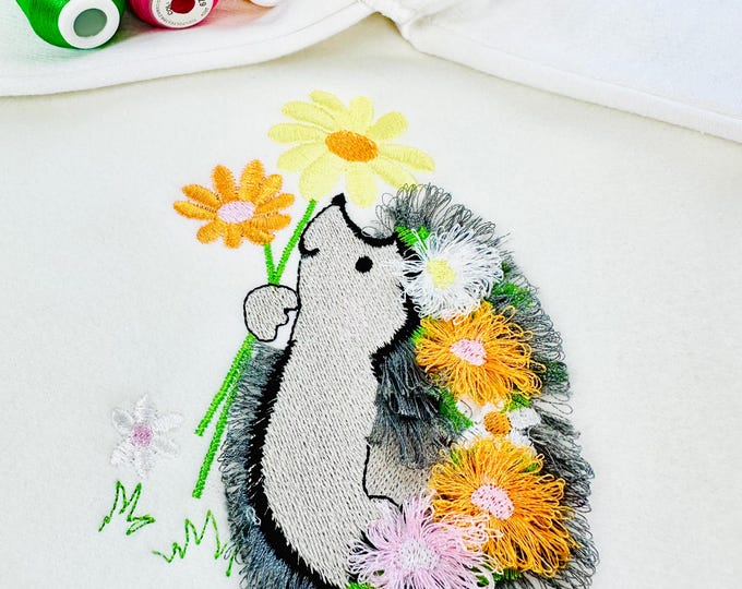 Cute Fringed Fluffy Hedgehog with flower stem Floral Fringe machine embroidery designs kids girls t-shirt fuzzy design sizes 4 up to 6 inch