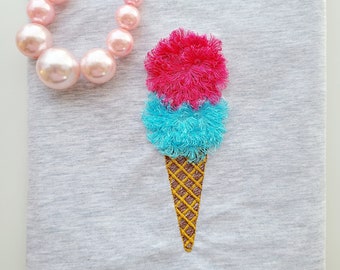 Ice cream cone Fringed fluffy chenille 2 ice cream balls machine embroidery designs for hoop 4x4, 5x7, fringe fur awesome design for kids