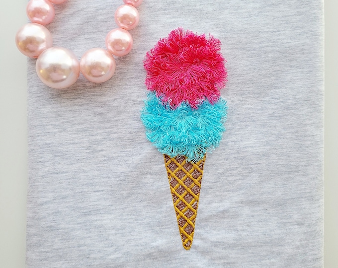 Ice cream cone Fringed fluffy chenille 2 ice cream balls machine embroidery designs for hoop 4x4, 5x7, fringe fur awesome design for kids