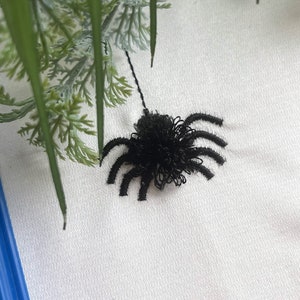 Mini fringed Spider pompom machine embroidery designs in mini tiny sizes 0.7, 1, 1.3 inches spider on web and wo fringe fur chenille fluffy