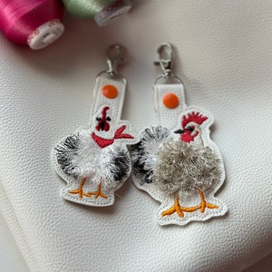 Fringed Chicken key fob snap tab SET of 2 Chicken keychain in the hoop machine embroidery designs ITH project Farm bird fluffy fuzzy chicken