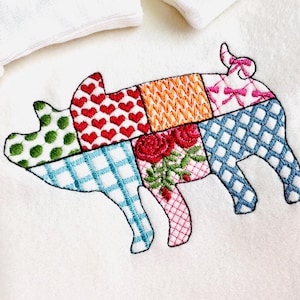 Diseño de bordado a máquina de silueta de cerdo con estampado de animales de granja, tamaños de 4 a 7 pulgadas.